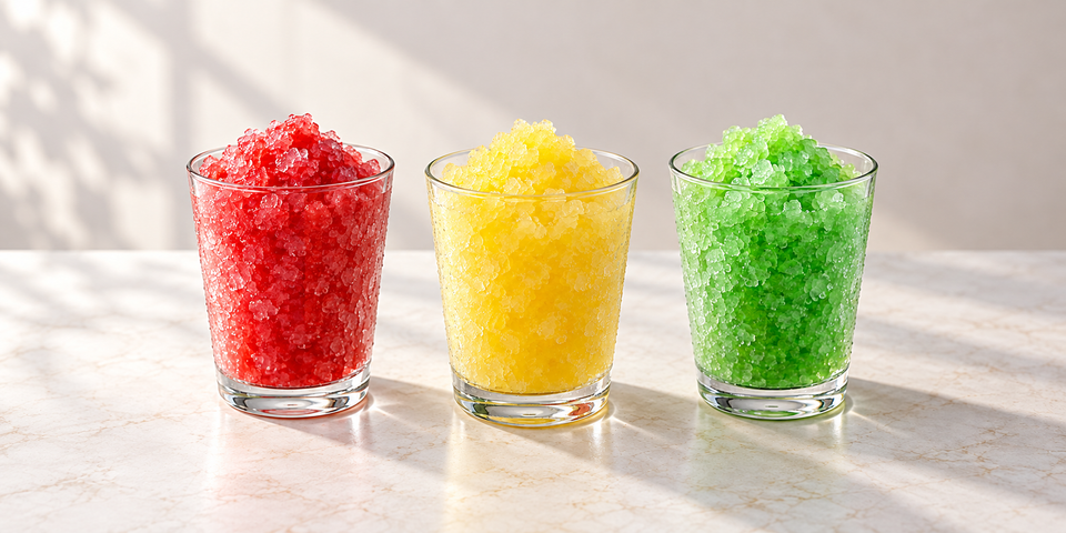 Illustration de trois granités rouge, jaune et vert, présentés dans des verres identiques.