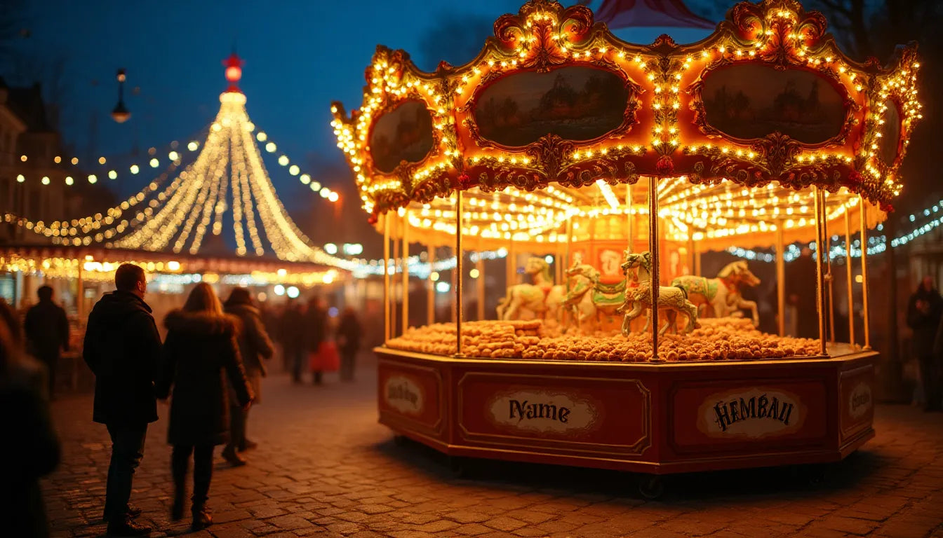 Photo d’un carrousel lumineux et orné évoquant l’ambiance festive des fêtes foraines croustillantes à l’extérieur