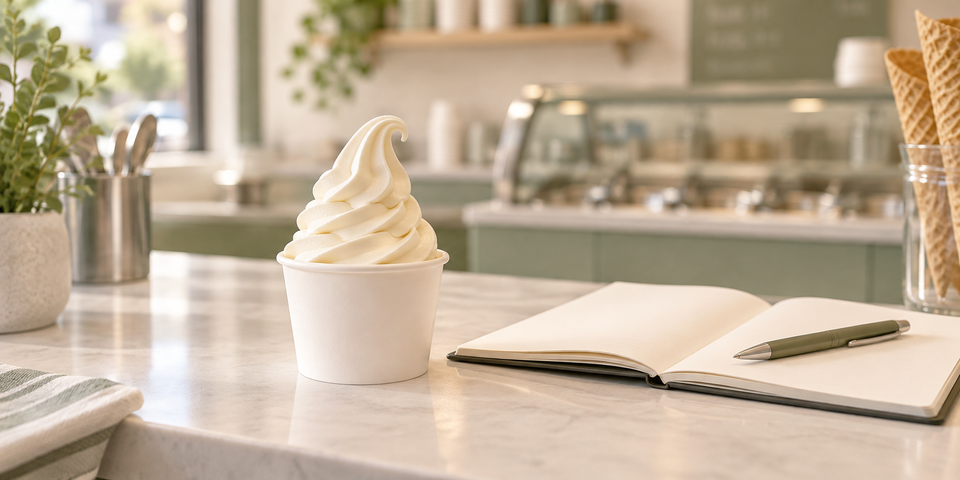 Illustration : glace en pot, carnet ouvert et stylo sur un comptoir.