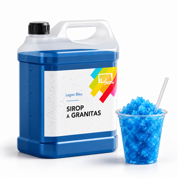 Sirop à granita Lagon Bleu, bidon 5 L et granité — visuel de présentation