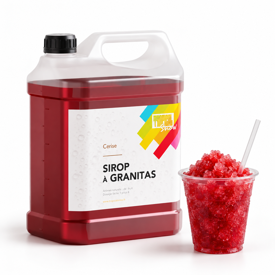 Sirop à granita Cerise, bidon 5 L et granité rouge — visuel de présentation