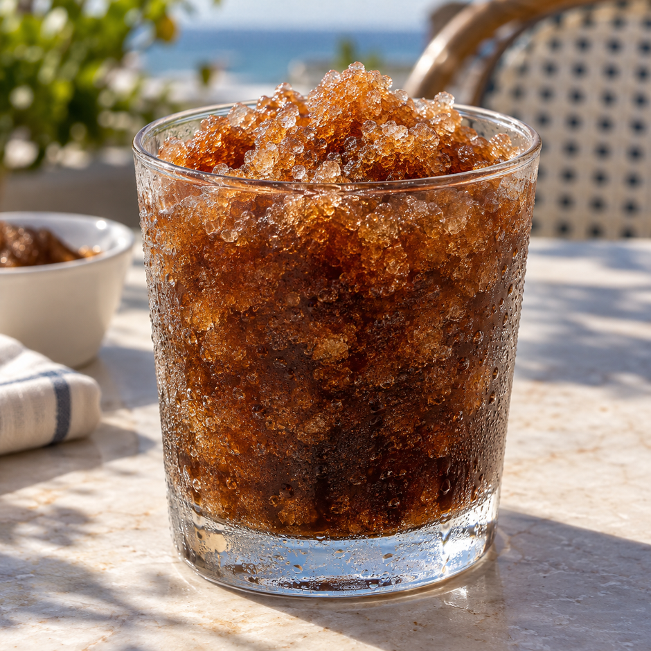 Granité brun au parfum cola sur une table en terrasse — visuel de présentation