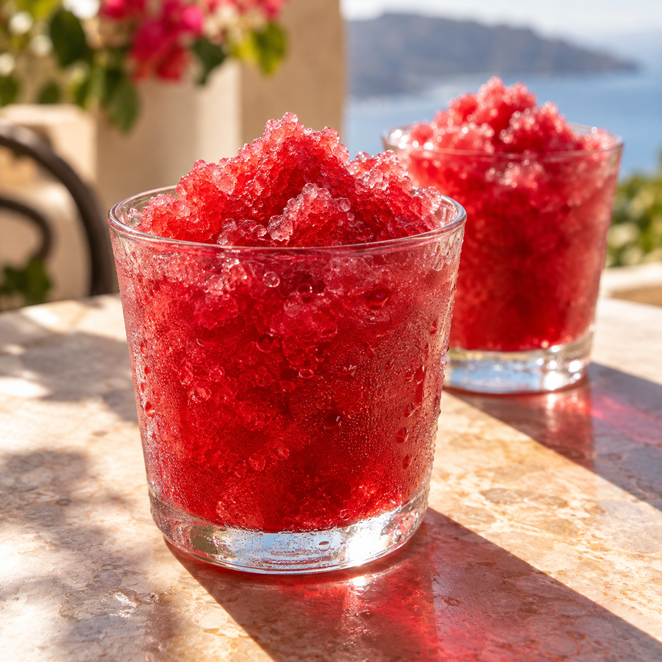 Deux verres de granité rouge grenadine sur une terrasse ensoleillée — visuel de présentation
