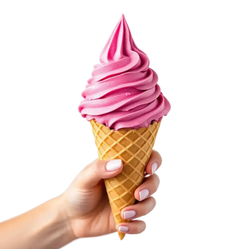 Helado Soft con color frambuesa, intenso, servido en un cono crujiente, sobre fondo blanco.