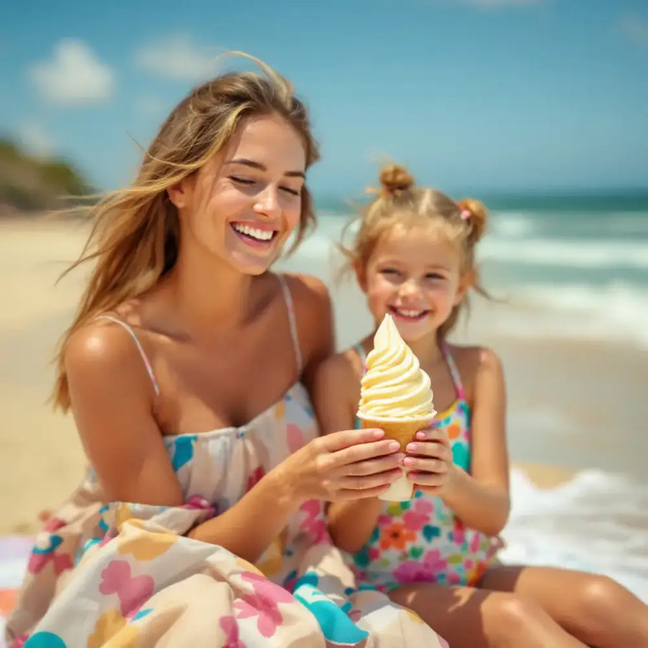 Une mère et sa jeune fille assises sur une serviette de plage, dégustant une glace italienne jaune pâle à la vanille.