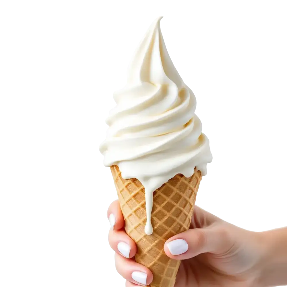 Helado Soft con yogur, de textura cremosa y suave, servido en un cono crujiente, sobre fondo blanco.