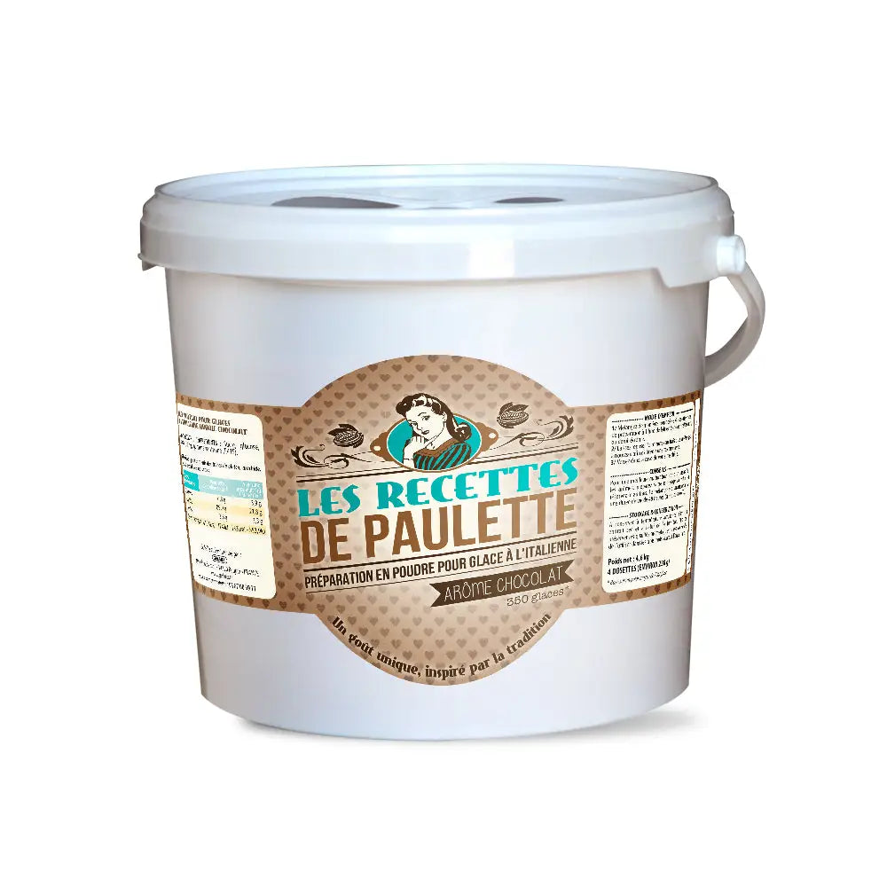 Cubo de plástico blanco con etiqueta. Les Recettes de Paulette para Helado Soft textura cremosa