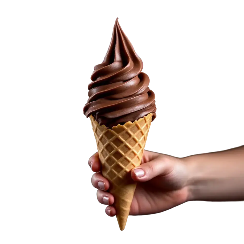 Helado Soft chocolate en un cono de galleta, sostenido en una mano: textura cremosa y fundente.