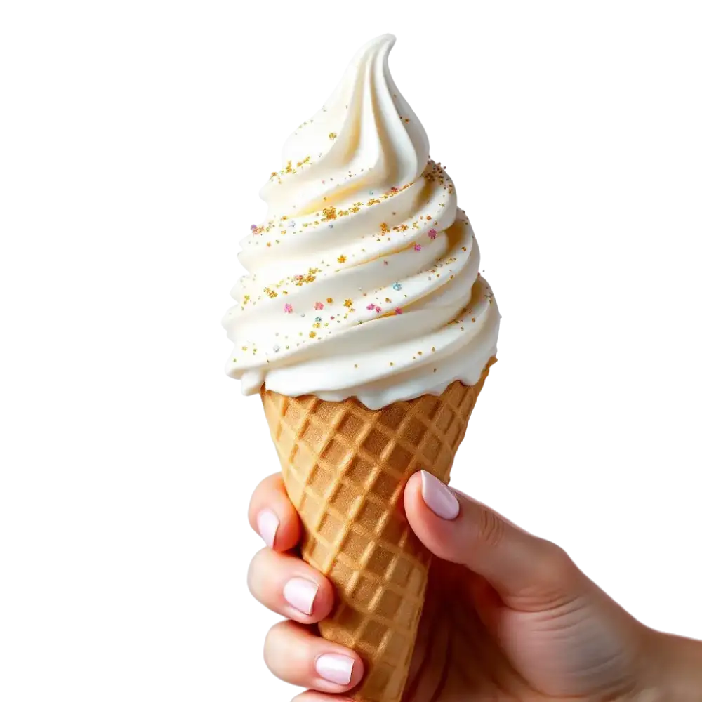 Helado suave blanco con Magic Mix con hojuelas doradas y plateadas, efecto chispeante, servido en cono de galleta.