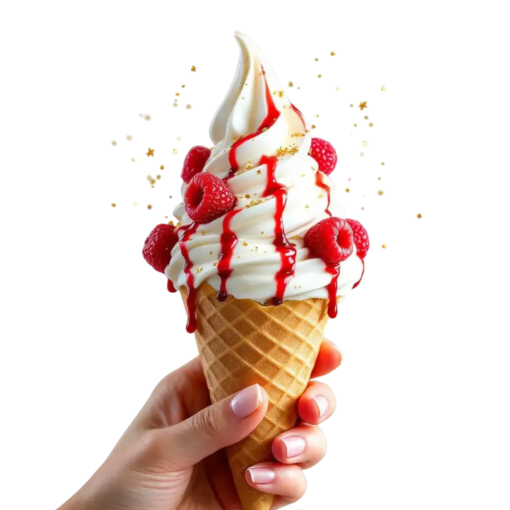Helado blanco mixto Base neutra con coulis de frutas, frambuesas y fresas frescas, espolvoreado con destellos dorados y plateados.
