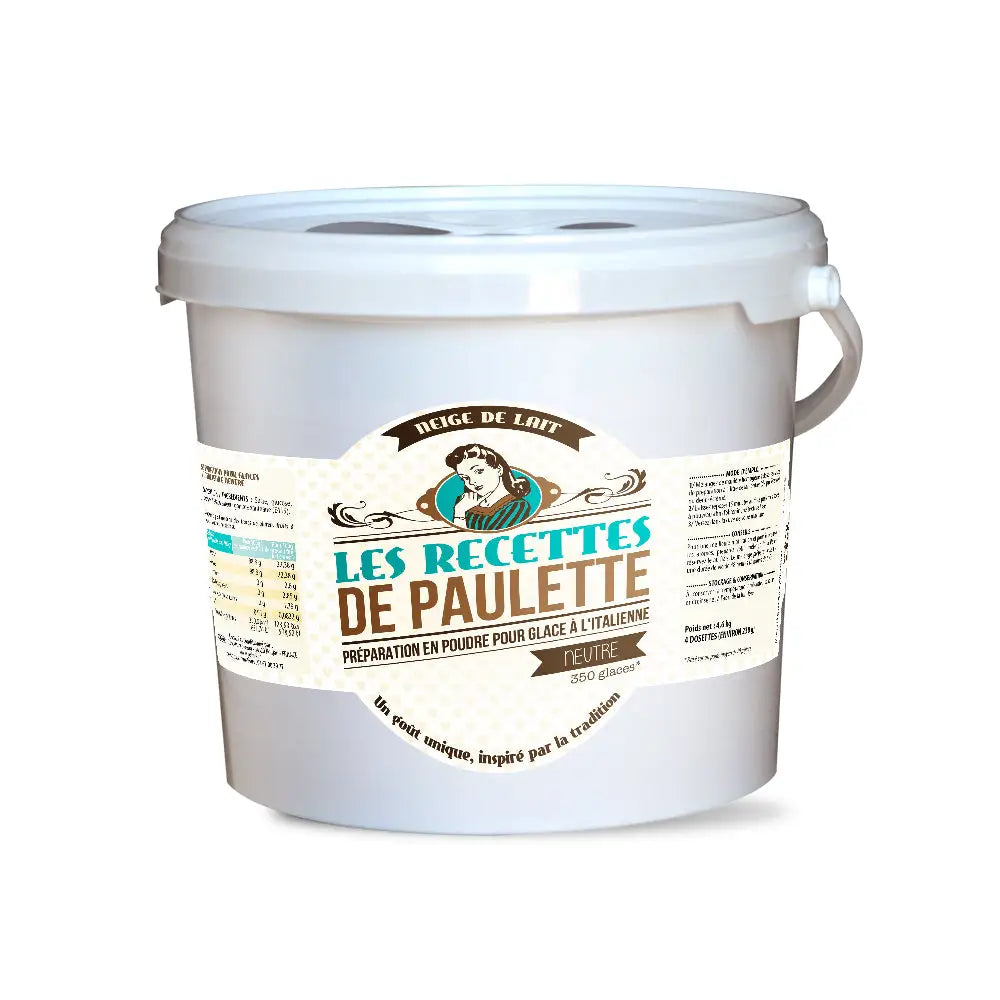 Cubo de plástico blanco con etiqueta Les Perles de Paulette para Mix Base neutra helado